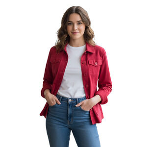 H&M Red 100% Cotton Jacket Big Pockets Unlined Lightweight Distressed 14